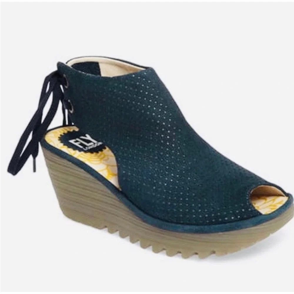 Fly London Ypul Wedge Sandals Navy Blue Perforated Suede Peep Toe size 38
